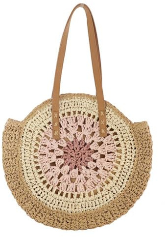 Kexpery Runde Strand-Umhängetasche mit Reißverschluss, lässige Tragetasche mit Farbkollision, große gewebte Strandtasche, Urlaubs-Reisehandtasche for Frauen und Mädchen
