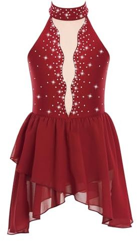 iEFiEL Eiskunstlauf Kleid Mädchen Patchwork Tanzkleid Glitzer Strass Kürkleid Ärmellose Modernen Tanz Trikotanzug Mit Unregelmäßigem Rock
