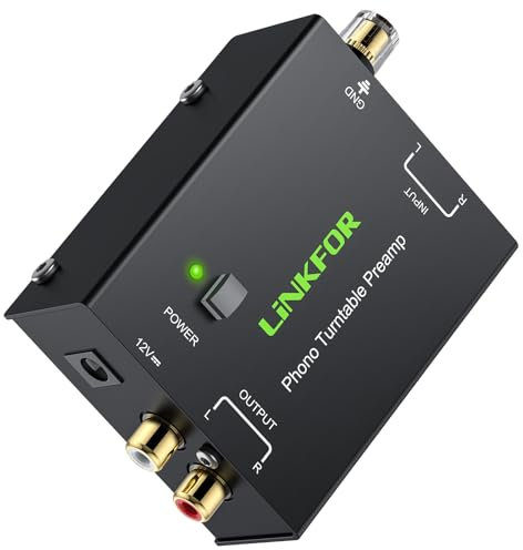 LiNKFOR Preamplificatore per Giradischi con RCA Ingresso/Uscita Preamplificatore Fono PP900 con Alimentazione Certificata da 12V/1A Mini Preamplificatore Audio Stereo in Metallo a Basso Rumore