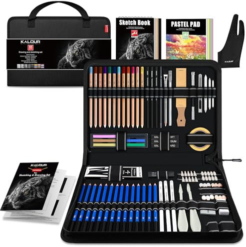 KALOUR 95-teiliges Skizzier- und Zeichenkunst-Set mit 3-farbigem Skizzenbuch und Pastellpapier, Graphit-, Kohle- und Pastellstifte, komplettes Künstlerset für Anfänger und Profis