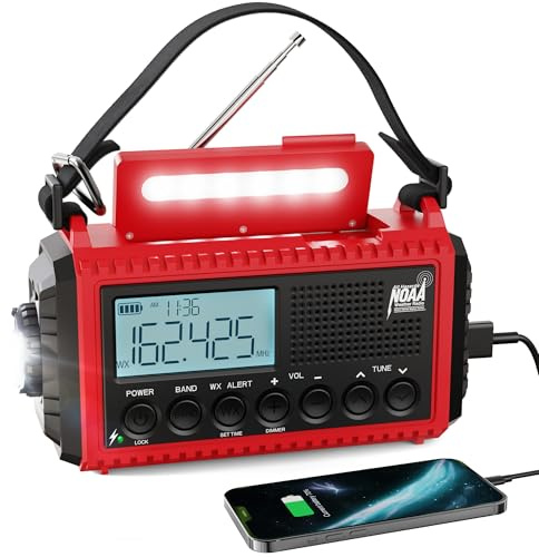 Raynic Radio d'urgence, radio météo 5000 mAh/18500 mWh, radio solaire d'urgence à manivelle avec AM/FM/SW/NOAA, chargeur de téléphone portable, prise casque, lampe de poche, charge de type C et sirène