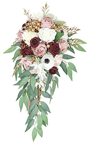 Nishiyuenyi Brautstrauß mit Wasserfall Und Künstlichen Rosen, Rot, Rosa, Weiß, Grün