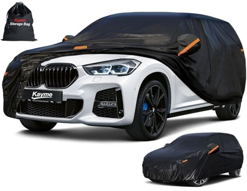 Kayme 7 lager SUV bilöverdrag vattentätt andningsbart, utomhus heltäckande regn soldamm alla väderskydd, passar Qashqai, sport, tiguan, T-ROC, barnland, Tucson, E-pace etc. (Upp till 460 cm) YM svart