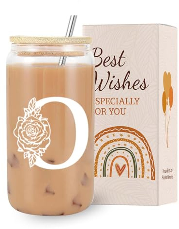 VivaJoy Tazza di vetro con iniziale – Regali monogrammati per donne, tazze di vetro con coperchio cannucce, caffè freddo, frullato di birra, bicchiere personalizzato per Natale, regalo di compleanno