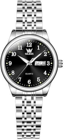 OLEVS Damen Uhr, Klassische wasserdichte Edelstahl Tagesdatum Kleine Armbanduhr Damen, Eleganze Rundes Zifferblatt Analog Quarz Leuchtende Damenuhr