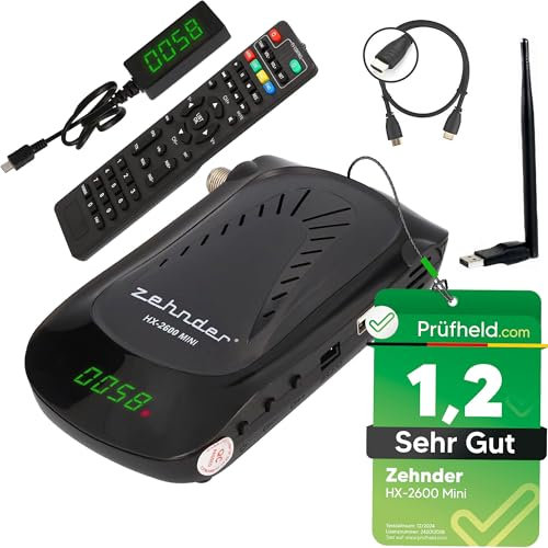 [Test molto buono, Note 1.2 *] Ricevitore satellitare digitale Zehnder HX 2600 + cavo HDMI + chiavetta WiFi, con funzione di registrazione, per parabola satellitare, ricevitore HD