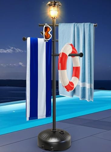 160cm Solar Light Pool-Handtuchhalter Outdoor für den Außenbereich, Handtuchhalter Stehend mit Rädern, 6 verstellbare Stangen Zubehör, Handtuchhalter für Pool, Hot Tub