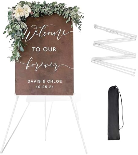 Easel Stand for Display Wedding Sign & Poster, 63'' Foldable Artist Easel for Wedding Banner, Painting Canvas, Poster, Adjustable Metal Easel with Portable Bag (White)