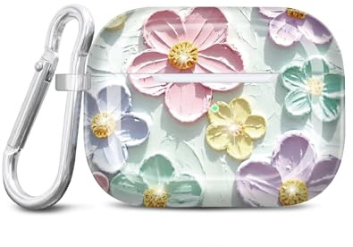 JIAXIUFEN Design for AirPods Pro 2 Gen 1 Gen Case Cover Retro Oil Painting Printed Flower Protective TPU Skin Accessories for Women Girl with Keychain, Mint Colorful