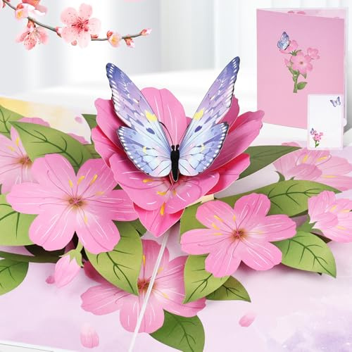 AOOTE Tarjeta de Mariposa Pop-Up, Flores Tarjeta de Mariposa 3D, Tarjeta de Felicitación 3D para un Cumpleaños, Tarjeta de Regalo Emergente con Sobre para Cumpleaños, Aniversarios, Graduaciones