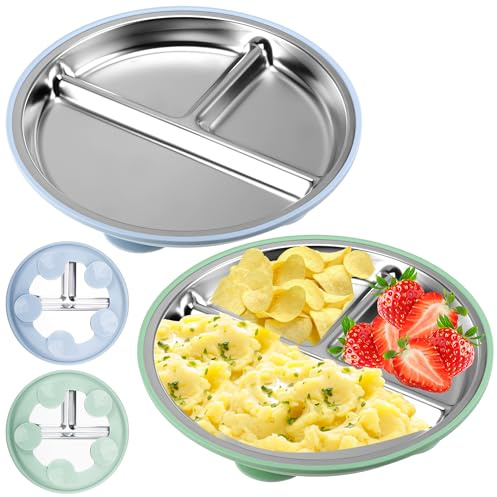 WUISOLQP 2 Pièces Assiette Ventouse Pour Bébé, Assiette Bebe Ventouse avec Manchon en Silicone Amovible, Sans BPA, Assiette Compartiment Enfant Assiettes en Acier Inoxydable