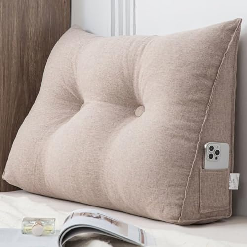 Generisch Cozy Rückenkissen, Lesekissen für Bett und Sofa, 80x50x20 cm Khaki Keilkissen, Dreieckiges Lendenkissen mit Abnehmbarer, Waschbarer Bezug, Praktisches Seitenfach