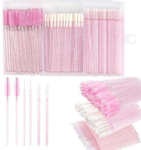 BUYBLIFE 200pcs Disposable Mascara Wands Lip Applicator Makeup Brush Sets, 100pcs Micro Brushes + 50pcs Eyelash Brush + 50pcs Lipstick Wands with Organizer Box Pink