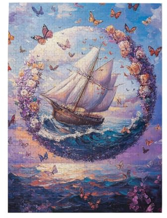 Cafemira Wooden Jigsaw Puzzle 500 Piece for Adult,Floating Floral Sphere Butterflies and Blossoms on Ocean Surface,Exercise Hands on Skills and Thinking,Ideal for Relaxation and Family Fun