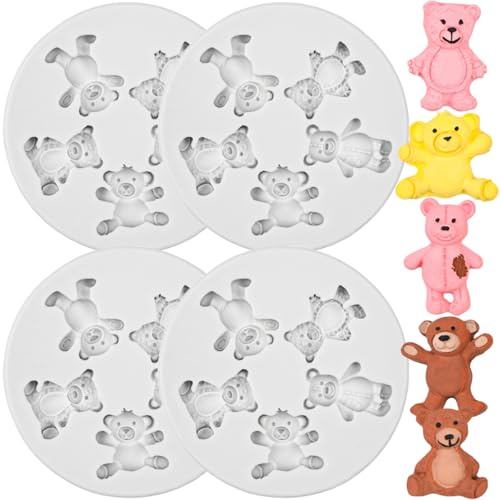 Lot de 4 moules en silicone en forme d'ours 3D pour fondant, chocolat, gelée, bougie, bonbons, décoration de gâteaux, cupcakes, bonbons, argile polymère
