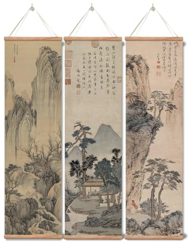xinyuru Traditional Chinese Landscape Scroll Art Set, Ancient Asian Wall Hanging, Oriental Wall Decor for Living Room Bedroom, 12”x41” 3 Piece