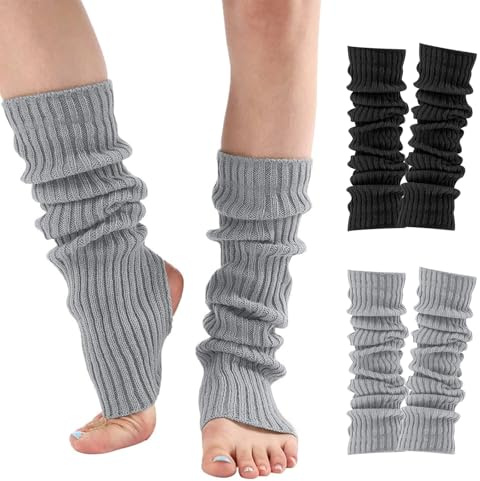 Risipu 2 scaldamuscoli da donna al polpaccio con staffa, scaldamuscoli invernali in maglia, per donne e ragazze, scalda caviglia con piedi, copriscarpe da ballo lunghi ed elastici, nero e grigio