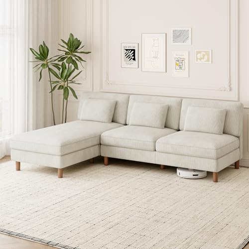 Vesgantti 249cm L Shaped Sofa,3 Seater Sofa&Chaise Lounge,Tool Free Setup | Corduroy Corner Couch with 3 Extra Pillows, Perfect for Living Room, Bedroom, Office, Beige
