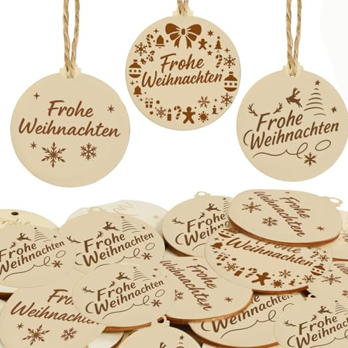 ElevaPulse 40 Stücke Holz Geschenkanhänger Frohe Weihnachten Holzanhänger Weihnachtsanhänger Rund Holzscheiben Holzdeko Streudeko für Weihnachten(5 * 5 * 0.2cm)