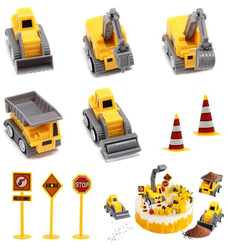 HMCEY 12 Pièces Véhicules de Chantier Jouets Enfants,Decoration Gateau Pelleteuse,Tractopelle Jouet Enfant avec Panneau de Signalisation,Deco Gateau Anniversaire,Cake Topper pour Fête Prénatale