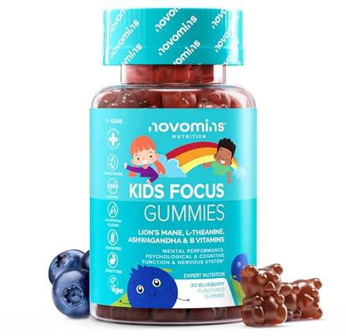 Gominolas para la Concentración para Niños – 30 Gominolas – con Ashwagandha, Melena de León, Vitamina B12, B6 y L Teanina – Nootrópicos Memoria y la Concentración – Sin Gluten y Veganas – Novomins