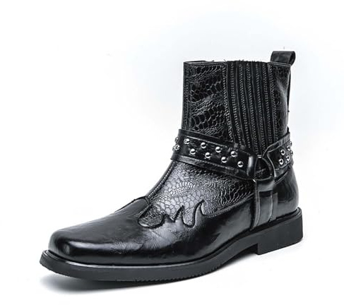 Stivali Biker da Uomo in Pelle Stampa Pitonata - Stivaletti Western Cowboy con Cinturino Borchiato, Stile Rock Casual O da Festa, Impermeabili,Nero,43 EU