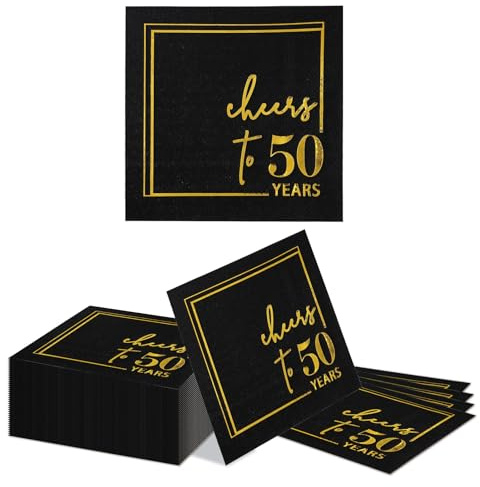 Kotkiddy 50. Geburtstag Deko Servietten 40 Stück, 25x25cm Schwarz Gold, Happy Birthday Papierservietten für Mann Frau, 50.Geburtstags Dekoration