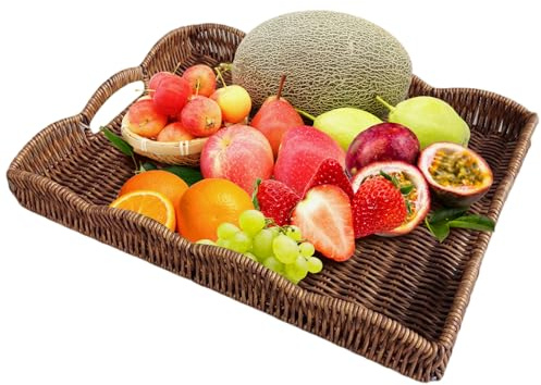 Bandeja festoneada Bandeja de Mimbre Rectangular con Asas incorporadas Cesta Decorativa para Servir para decoración y organización 14.8x11x2 Pulgadas HOGAR.