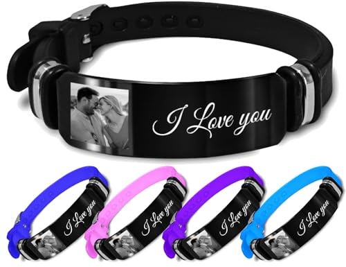 Benutzerdefiniertes Foto-Armband für Männer und Frauen, gravierter Namentext Wörter mit verstellbarem Silikonarmband, personalisierte Paararmbänder, individuelle Gedenkgeschenke mit Fotos Bilder Bild