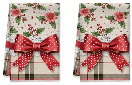 Juego de 2 toallas de cocina con diseño de flor de pascua, bayas de acebo, secado rojo, trapos reutilizables para limpieza de casa, casa de campo, decoración de cocina, 16 x 24 pulgadas