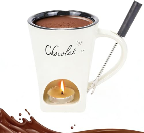 sudatong Schokofondue Tasse Keramik Schokoladenfondue Tasse, Schoko Fondue Becher Set mit Gabel, Mehrzweck Chocolate Fondue Set für Schokolade Butter Käse Karamell (Weiß)