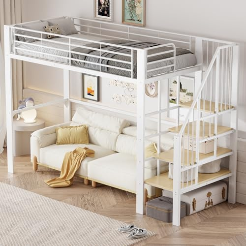 DUlVBPE Loftsäng 90 x 200 cm, robust metallkonstruktion med rymligt förvaringsutrymme under sängen och trapporna, perfekt för barn och vuxna, förvaringssäng för en