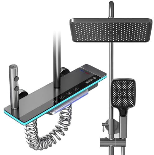 Intelligente Duschsäule mit digitaler Anzeige – Messing 4 in 1, Regendusche XXL 31 x 25 cm, Lufteinspritzung, 4 Funktionen, Höhe verstellbar 80 – 120 cm (Grau)