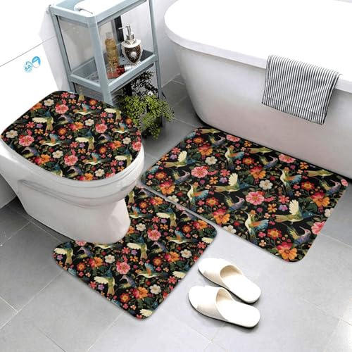 Set di 3 tappeti da bagno colorati con stampa di colibrì e fiori, assorbenti, antiscivolo, lavabili, a forma di U, tappetino per il contorno del WC, tappetino per doccia, tappetino da bagno per WC e