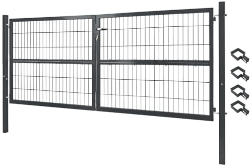 Gartentor Tor 300 x 120 cm Gartenzaun Zaun Doppelflügelig Gartentür aus Metall für Stabmattenzaun Abschließbar inkl. Pfosten Grau V2Aox