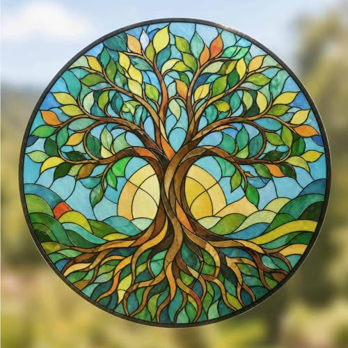 Tree of Life Stained Glass Window Stickers for Glass | 12.5cm x 12.5cm Tree of Life Window Cling | Double Sided and Removable Window Decor