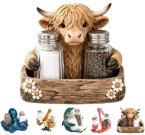 Highland Cow Salt & Pepper Shaker Set with Holder (#C)