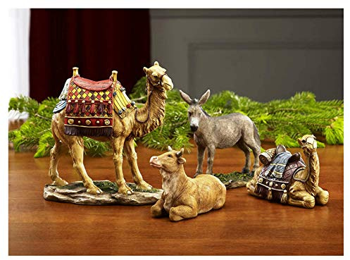 Three Kings Gifts Nativity Animals Set, 4-Piece Polystone Standing and Sitting Camels, Donkey, and Ox Figures, Flat Bottom Base Collectibles for 7-Inch Scale Nativity Scene