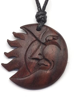 Drachensilber Halskette Holz Sonnen Mond Finsternis Holz Kettenanhänger mit längenverstellbarem Baumwollband – 100% Handarbeit Anhänger Kette Holzschmuck – mystischer Schmuck Damen Herren