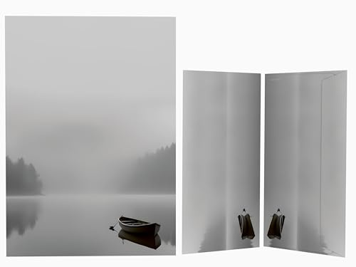 Briefpapier-Set | Boot am See | 100 Blatt Motivpapier DIN A4 + 100 Kuverts DIN LANG | Poesie | Trauer