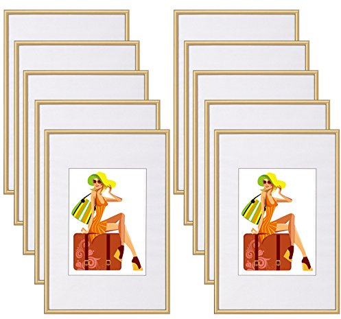 WOLTU Bilderrahmen 13x18 cm Set of 10 Fotorahmen aus Kunststoff mit Passepartout, Posterrahmen zum vertikalen oder horizontalen Aufhängen/Aufstellen, Collage Wanddeko, Gold
