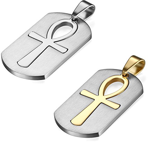 Flongo Edelstahl Anhänger Halskette Kette Silber Gold Golden Egyptian Ägyptisches Anch o. Ankh Kreuz Kruzifix Dog Tag Abziehbar Herren, mit 55cm Kette Herrenkette