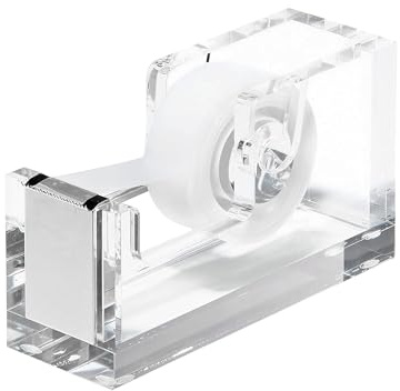 OfficeGoods Acrylic Tape Dispenser – Modern Desk Organizer for Office Supplies, Heavy Duty Refillable Tape Holder for Home and School Crafting, Stylish Desktop Accessory for Gift Wrapping, Silver
