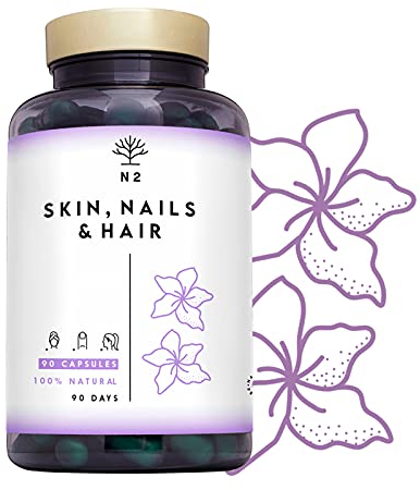 Integratore Capelli Pelle e Unghie. Biotina, Vitamine C, E, B, Zinco, Selenio. Crescita e la Cura di Capelli e Barba. Unghie Forti e Pelle Sana. 90 Capsule. CE. N2 Natural Nutrition