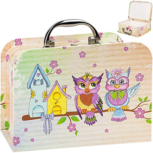 alles-meine.de GmbH Koffer/Kinderkoffer - MITTEL - lustige Eulen auf dem AST - 23 cm - Pappkoffer - Puppenkoffer - Kinder - Pappe Karton - Eule Vögel Blumen Blüten/Tiere - Vo..