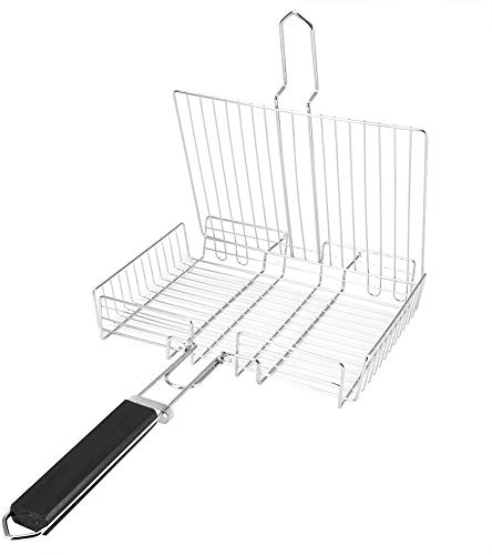 Cesta de barbacoa de acero inoxidable Cesta de parrilla portátil con mango de madera extraíble, trabajo para filete de pescado, carne, chuletas de camarón, vegetales, accesorio de barbacoa resistente