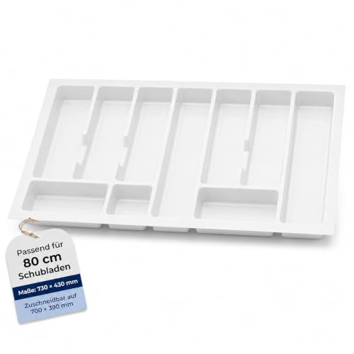 ALUSFERA Besteckkasten für Schubladen 80 cm – Schubladen Organizer mit Fächeraufteilung – Hochwertiger Schubladen Organizer Küche für Mehr Ordnung – Anpassbar und leicht zu reinigen -730x430mm Weiß