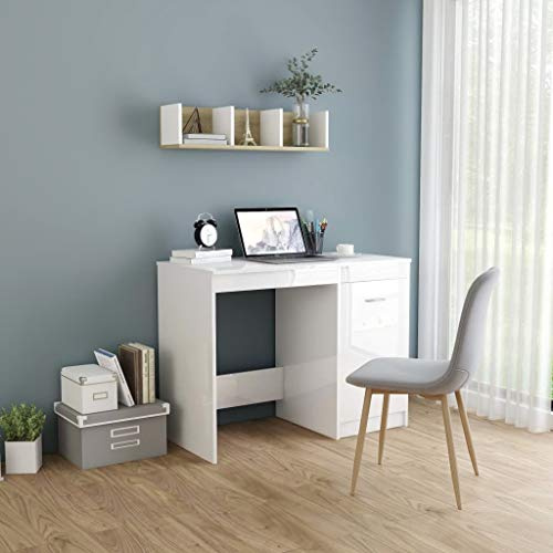 Tidyard Schreibtisch Computertisch Bürotisch Arbeitstisch PC Tisch mit Schrank, Hochglanz-Weiß 100 x 50 x 76 cm