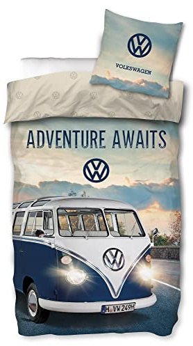 VW Volkswagen Bulli Bettwäsche Adventure 135 x 200 cm + 80 x 80 cm 100% Baumwolle Biber-Flanell-Qualität VW-Bus Oldtimer Car Retro Typ 2 T1 T2 T3 Camper Van mit Reißverschluss Deutsche Größe 140