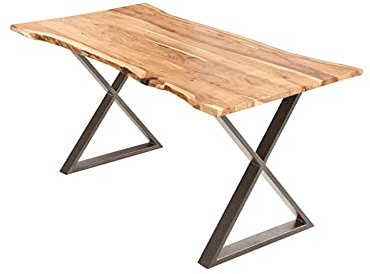 SAM Esstisch 140x80cm Marbella, echte Baumkante, Akazienholz naturfarben + massiv, Baumkantentisch mit geschlossenem X-Metallgestell Edelstahlfarben, Esszimmertisch